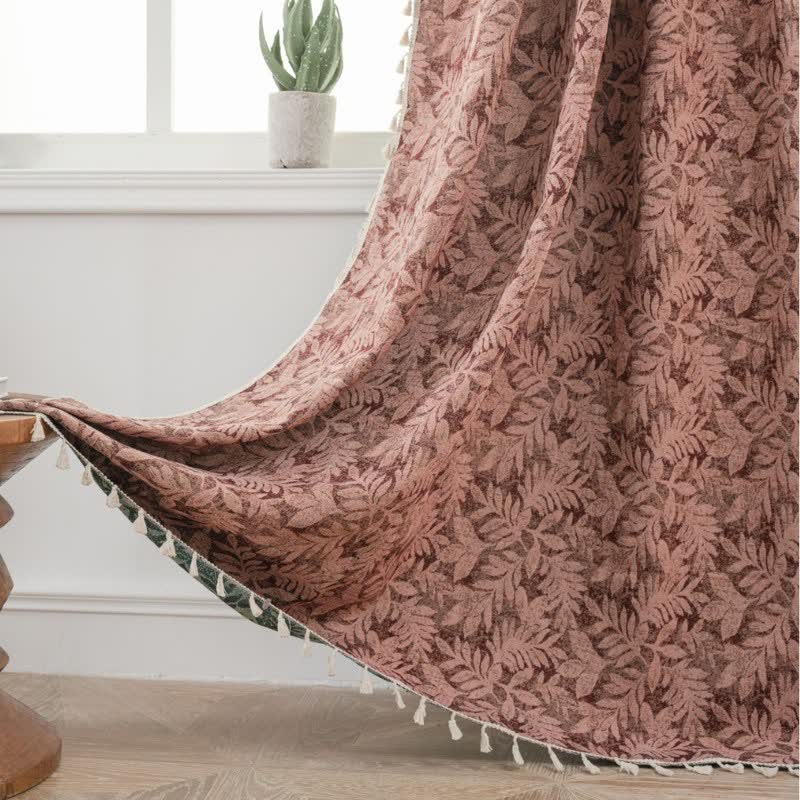 Ownkoti Vintage Leaf Jacquard Curtain with Tassel - Red - Grommet - 59" x 118" - image 1