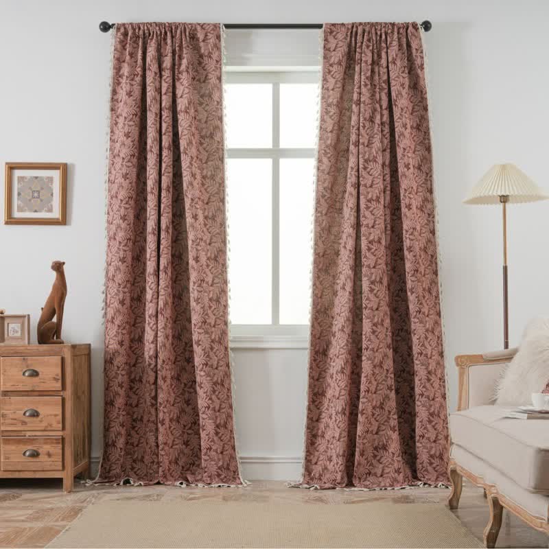 Ownkoti Vintage Leaf Jacquard Curtain with Tassel - image 0