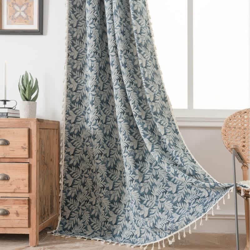 Ownkoti Vintage Leaf Jacquard Curtain with Tassel - Blue - Grommet - 59" x 118" - image 4