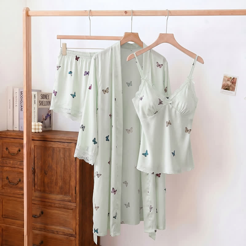 Ownkoti Butterfly Silky Lace Trim Cami Pajama Set - Green - Cami & Shorts & Robe - XL - image 10
