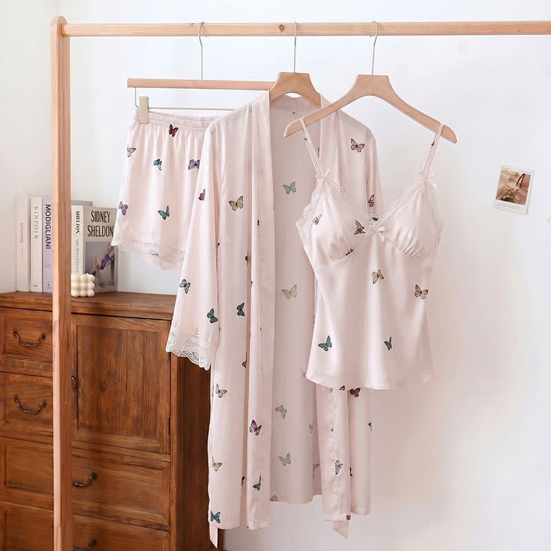 Ownkoti Butterfly Silky Lace Trim Cami Pajama Set - Pink - Cami & Shorts & Robe - XL - image 5
