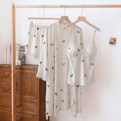 Ownkoti Butterfly Silky Lace Trim Cami Pajama Set - Beige - Cami & Shorts & Robe - XL - image 0