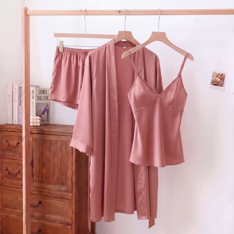 Ownkoti Solid Color Silky Cami Pajama Set(3PCS) - Rose - XL - image 3