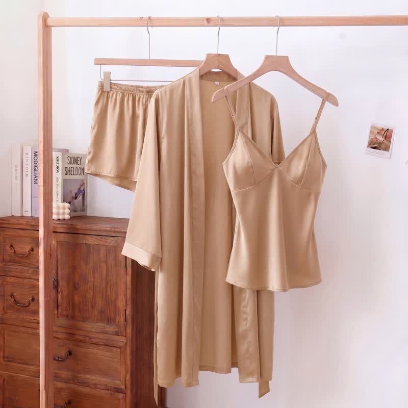 Ownkoti Solid Color Silky Cami Pajama Set(3PCS) - Champagne - XL - image 0