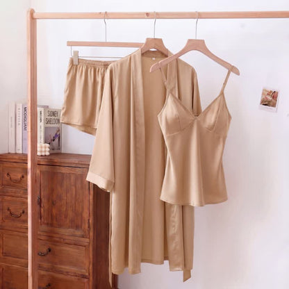 Ownkoti Solid Color Silky Cami Pajama Set(3PCS) - Champagne - XL - image 0