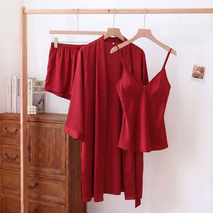 Ownkoti Solid Color Silky Cami Pajama Set(3PCS) - Wine - XL - image 6