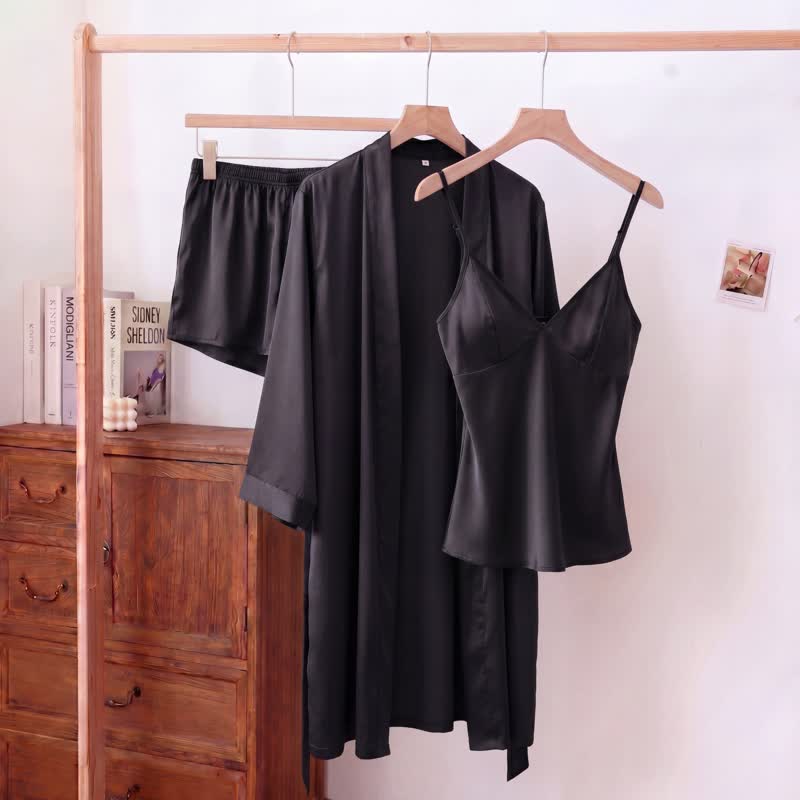 Ownkoti Solid Color Silky Cami Pajama Set(3PCS) - Black - XL - image 8