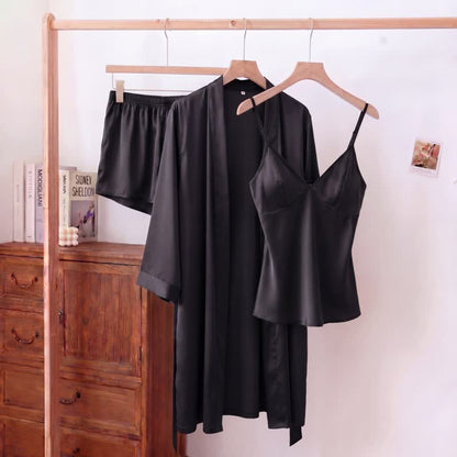 Ownkoti Solid Color Silky Cami Pajama Set(3PCS) - Black - XL - image 8