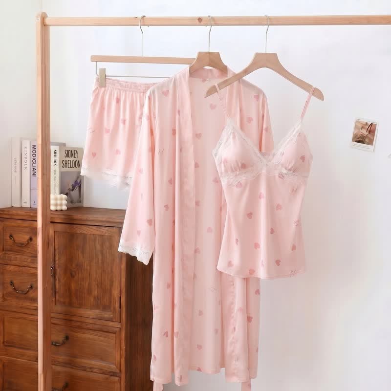 Ownkoti Heart & Bow Lace Trim Cami Pajama Set(3PCS) - Pink - XL - image 1
