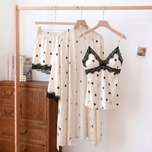 Ownkoti Heart & Bow Lace Trim Cami Pajama Set(3PCS) - White - XL - image 0