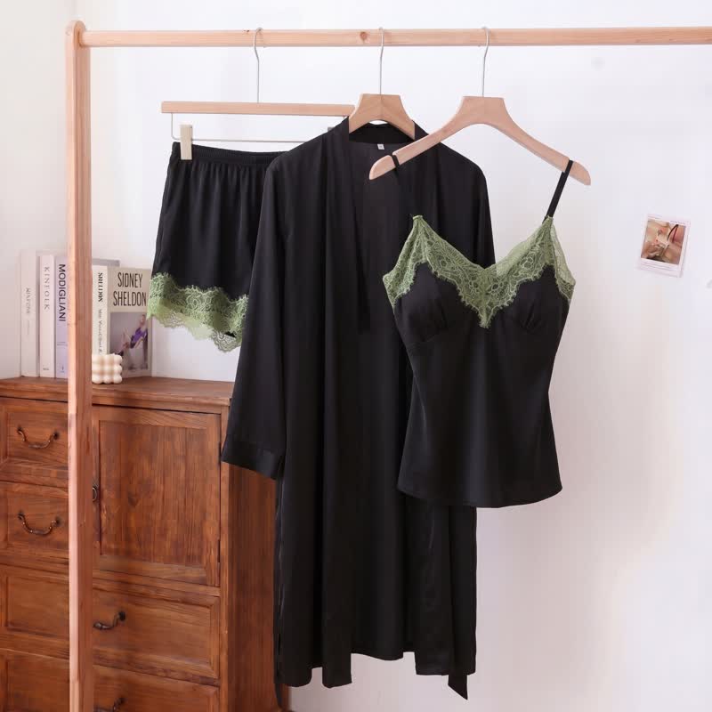 Ownkoti Solid V-Neck Lace Trim Cami Pajama Set(3PCS) - Black - XL - image 0