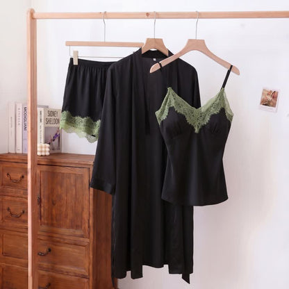 Ownkoti Solid V-Neck Lace Trim Cami Pajama Set(3PCS) - Black - XL - image 0