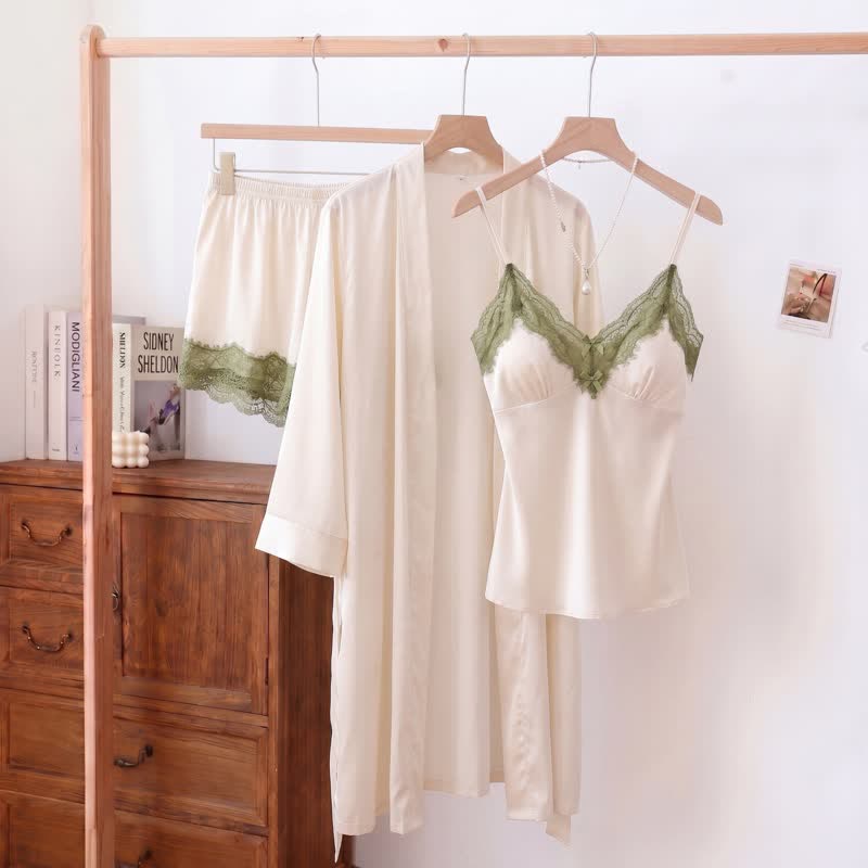 Ownkoti Solid V-Neck Lace Trim Cami Pajama Set(3PCS) - White - XL - image 4