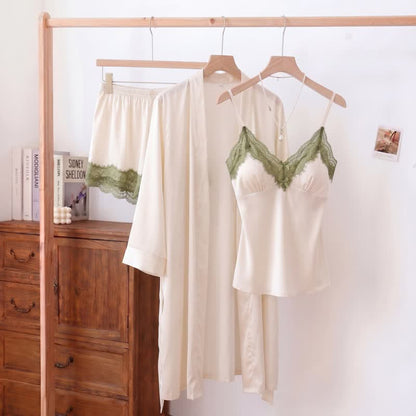 Ownkoti Solid V-Neck Lace Trim Cami Pajama Set(3PCS) - White - XL - image 4