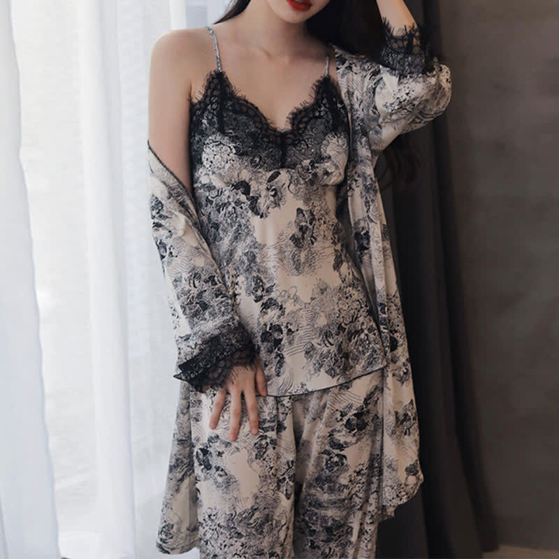 Ownkoti Elegant Black Floral Lace Camisole Robe Set(3PCS) - image 1