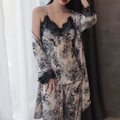 Ownkoti Elegant Black Floral Lace Camisole Robe Set(3PCS) - image 1