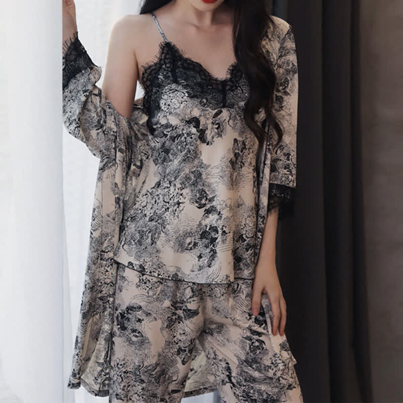 Ownkoti Elegant Black Floral Lace Camisole Robe Set(3PCS) - image 2