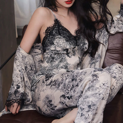 Ownkoti Elegant Black Floral Lace Camisole Robe Set(3PCS) - image 4