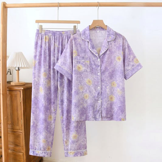 Ownkoti Artistic Style Sunflower Silky Loungewear Set - Purple - 2XL - image 0