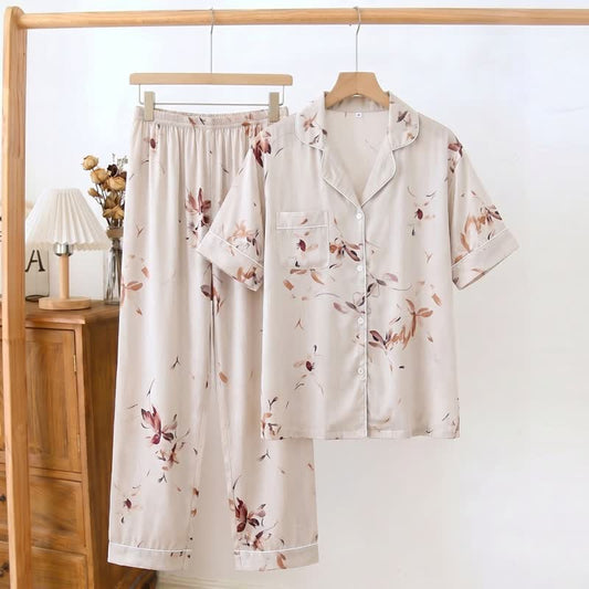 Ownkoti Artistic Style Floral Silky Loungewear Set - Beige - 2XL - image 0