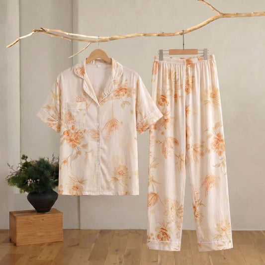 Ownkoti Elegant Blooming Floral Silky Loungewear Set - Orange - 2XL - image 0