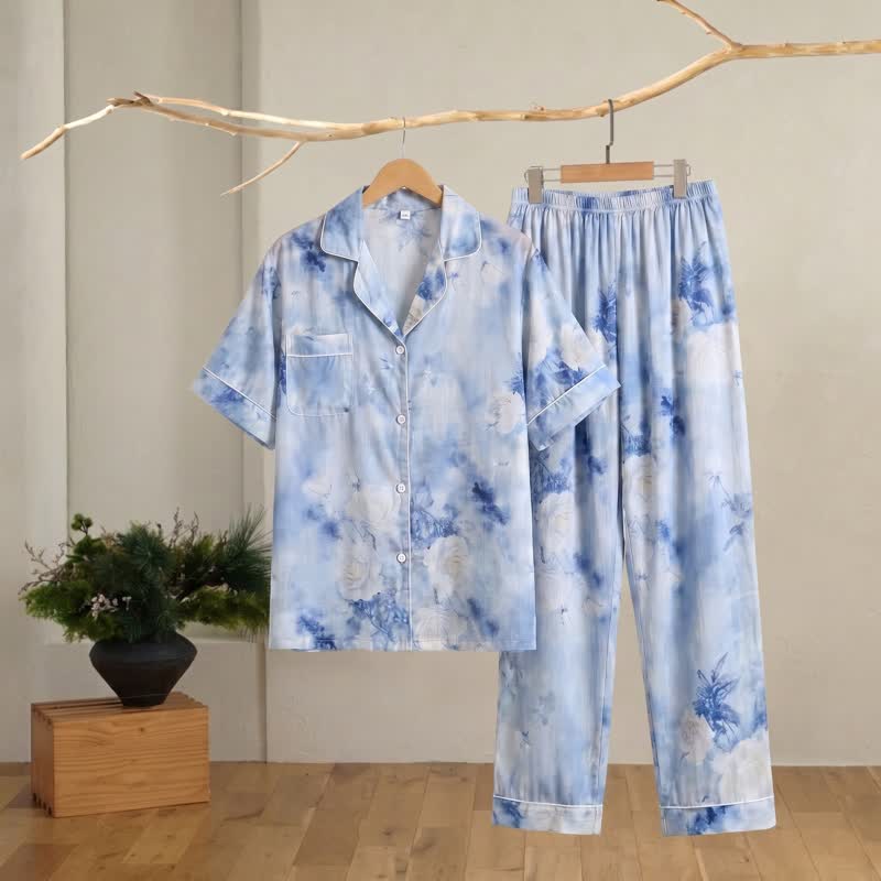 Ownkoti Blue Watercolor Floral Silky Loungewear Set - image 1