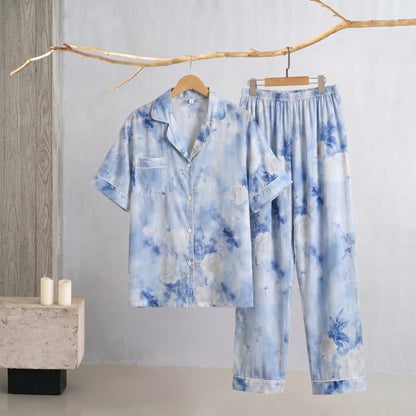 Ownkoti Blue Watercolor Floral Silky Loungewear Set - image 6
