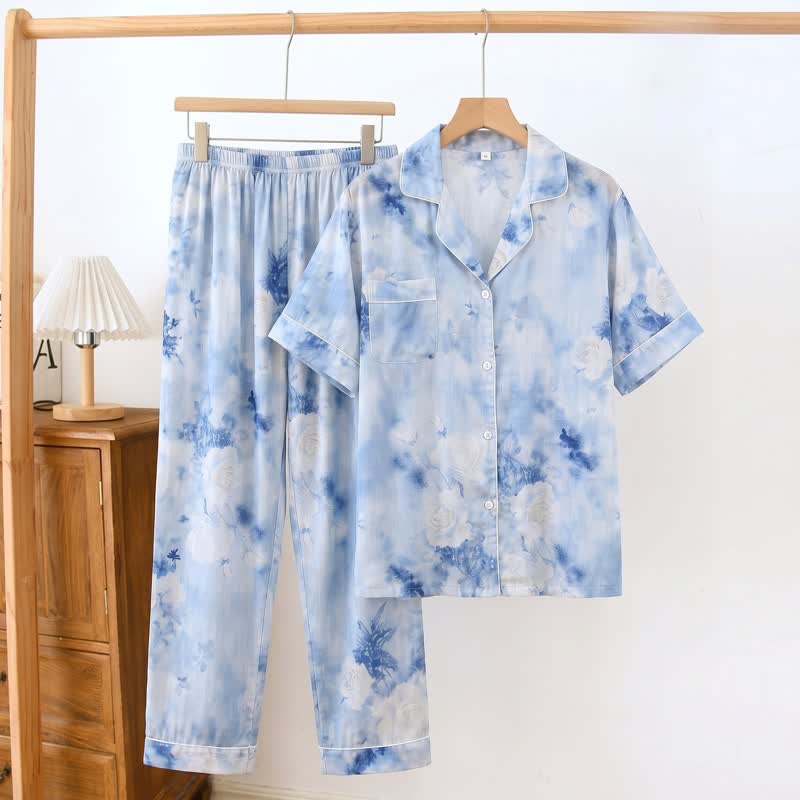 Ownkoti Blue Watercolor Floral Silky Loungewear Set - Blue - 2XL - image 0