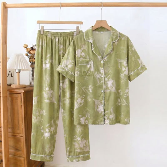 Ownkoti Elegant Green Floral Silky Loungewear Set - Green - 2XL - image 0