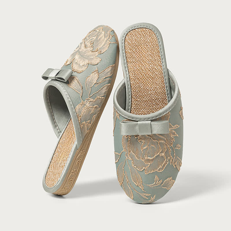 Ownkoti Embroidery Linen Slippers with Closed Toe - Blue Green - XL - image 8