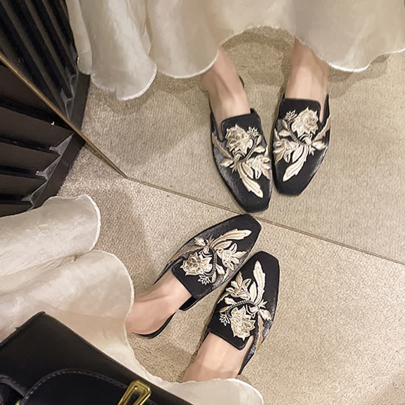 Ownkoti Elegant Floral Embroidery Pointed-Toe Mules - Black - 2XL - image 2