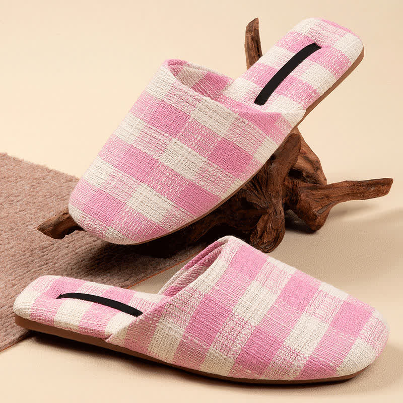 Ownkoti Chic Plaid Cotton-Linen Anti-Slip Slippers - Pink - L - image 5