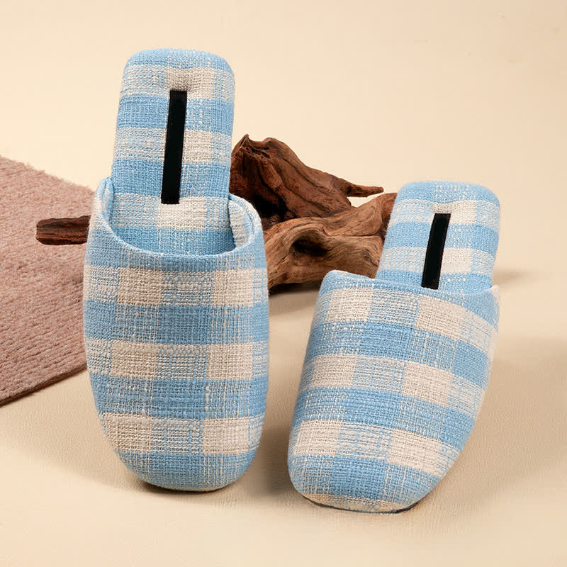 Ownkoti Chic Plaid Cotton-Linen Anti-Slip Slippers - Blue - L - image 10