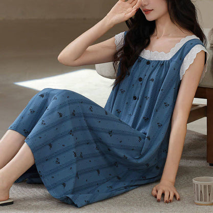 Ownkoti Striped Floral Cotton Lace Sleeveless Nightgown - image 2