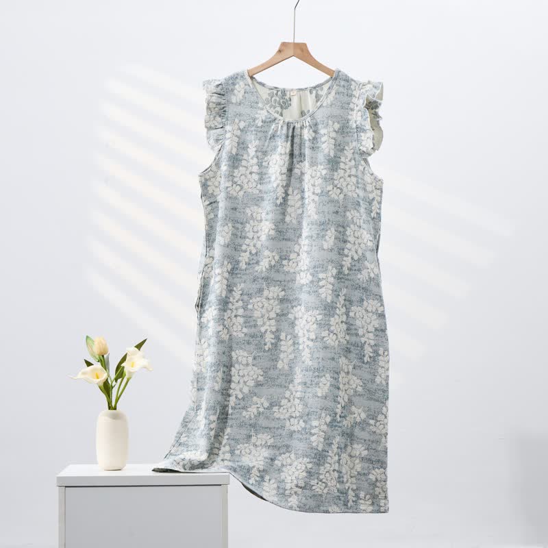 Ownkoti Elegant Botanical Pure Cotton Sleeveless Nightgown - Blue - XL - image 0