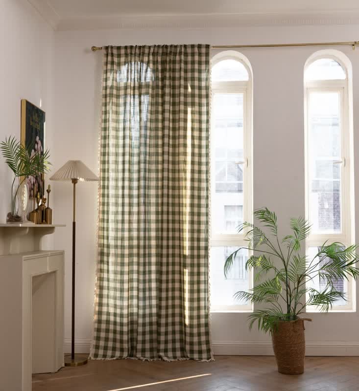 Ownkoti Country Style Grid Curtain with Tassels - Dark Green - 55" x 39" - image 4