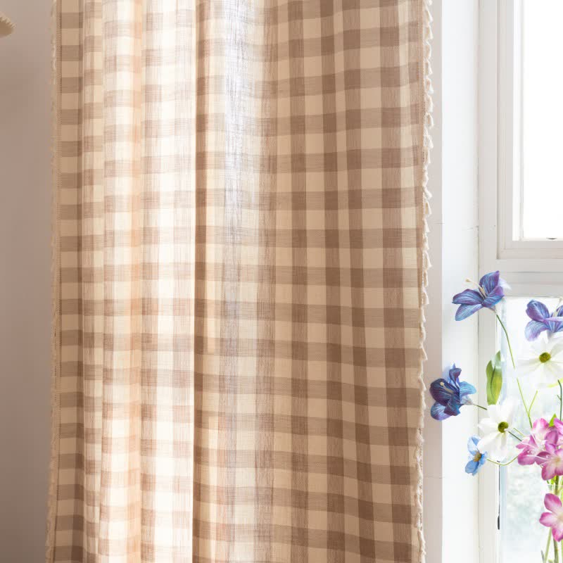 Ownkoti Country Style Grid Curtain with Tassels - image 32