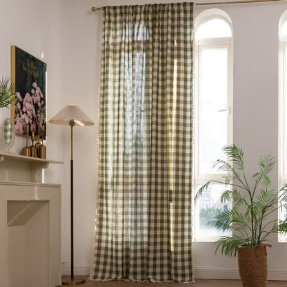 Ownkoti Country Style Grid Curtain with Tassels - Dark Green - 55" x 118" - image 6