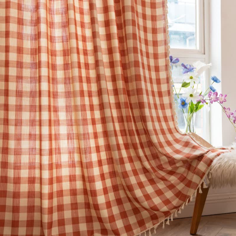 Ownkoti Country Style Grid Curtain with Tassels - image 11