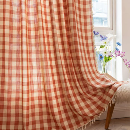 Ownkoti Country Style Grid Curtain with Tassels - image 11
