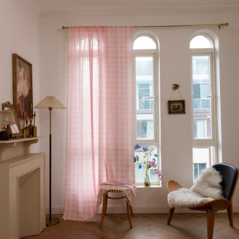 Ownkoti Country Style Grid Curtain with Tassels - image 2