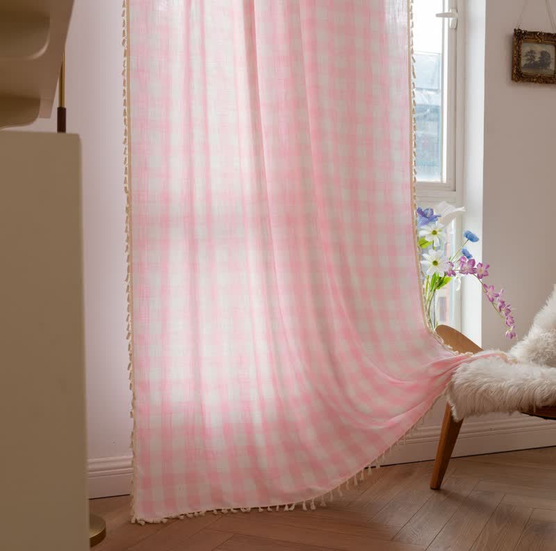 Ownkoti Country Style Grid Curtain with Tassels - image 1