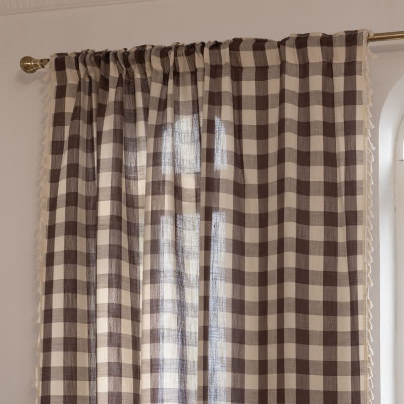 Ownkoti Country Style Grid Curtain with Tassels - image 35