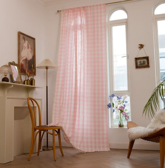 Ownkoti Country Style Grid Curtain with Tassels - Pink - 55" x 118" - image 0