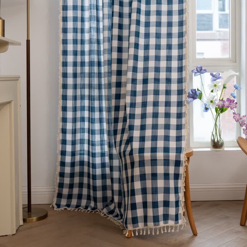 Ownkoti Country Style Grid Curtain with Tassels - image 21