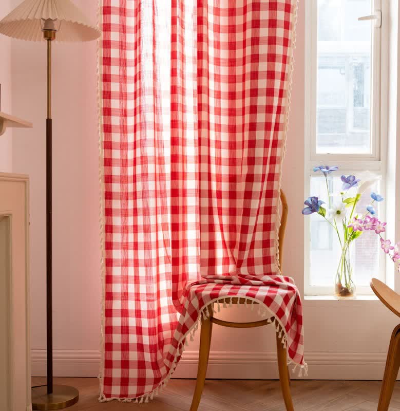 Ownkoti Country Style Grid Curtain with Tassels - image 24