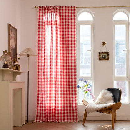 Ownkoti Country Style Grid Curtain with Tassels - Red - 55" x 118" - image 23