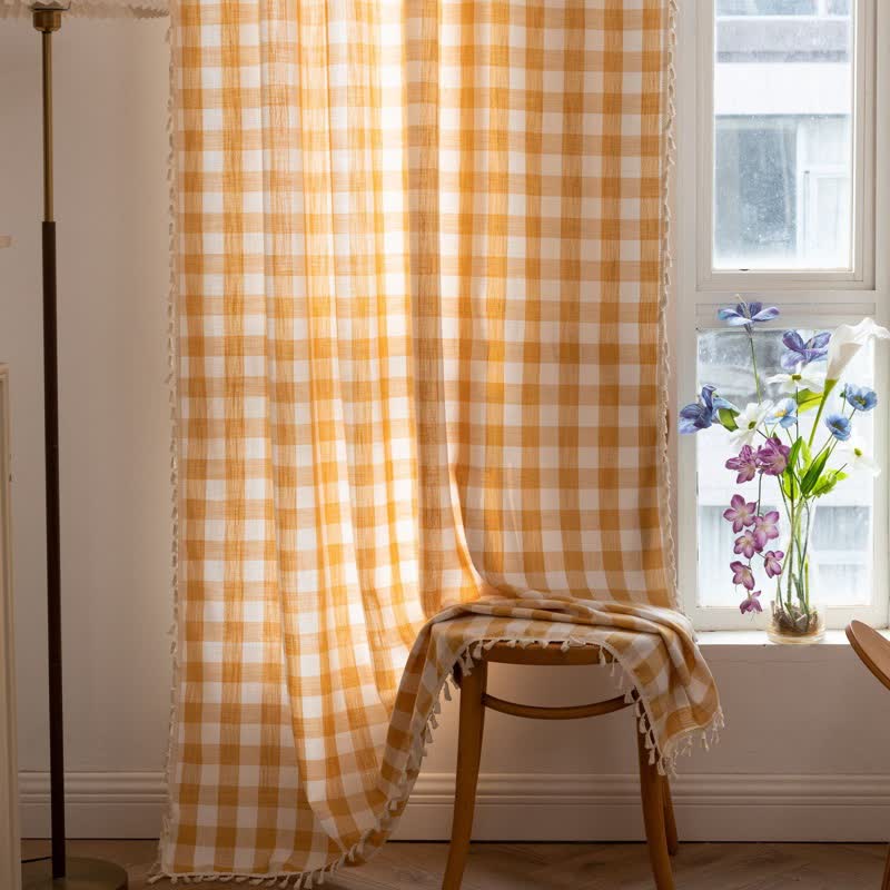 Ownkoti Country Style Grid Curtain with Tassels - image 14