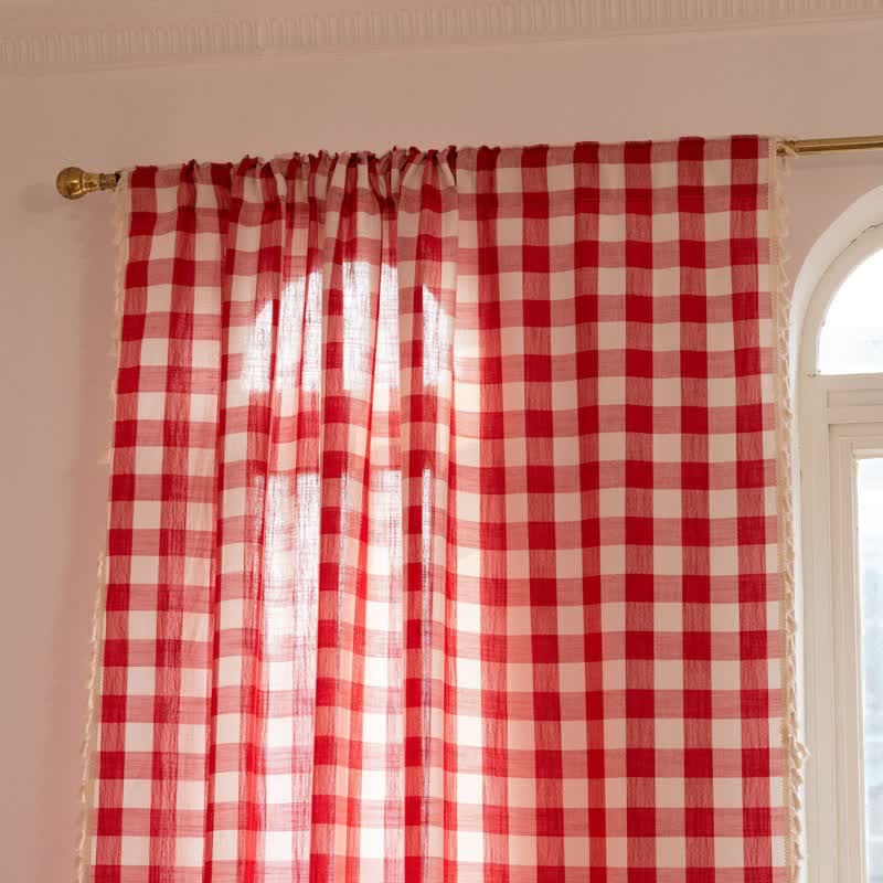 Ownkoti Country Style Grid Curtain with Tassels - image 28