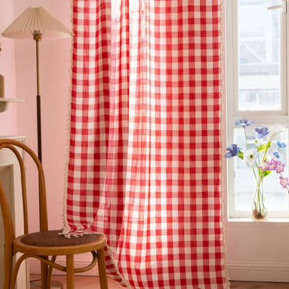 Ownkoti Country Style Grid Curtain with Tassels - image 26
